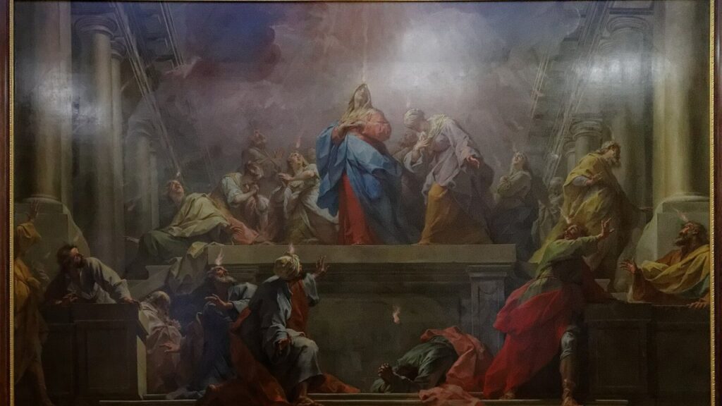 Línguas de fogo descem sobre Maria e os Apóstolos no cenáculo, a cena central de Pentecostes