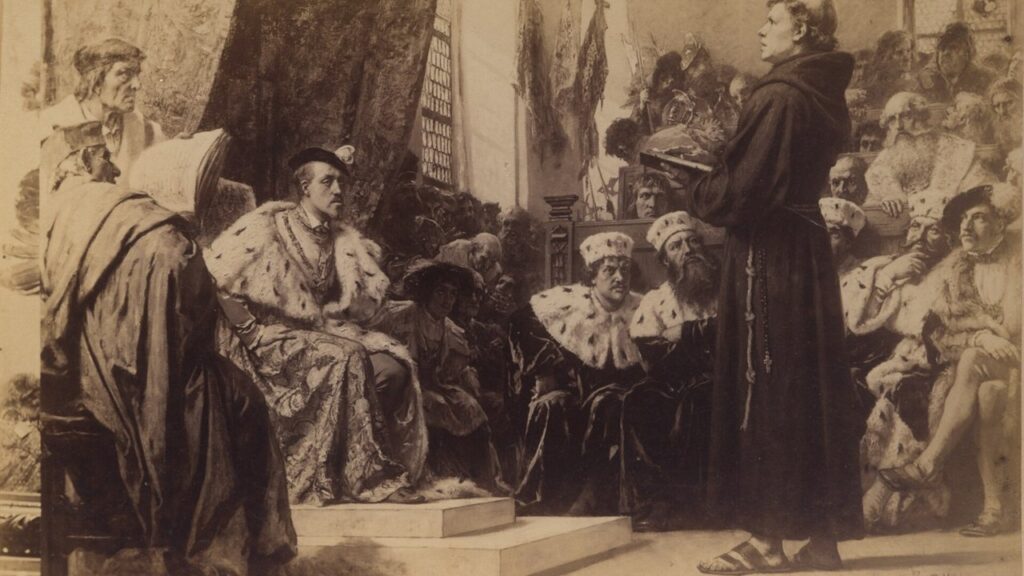 Lutero diante de Carlos V e do Dr. Eck na Dieta de Worms, pintura de Ernst Hildebrand