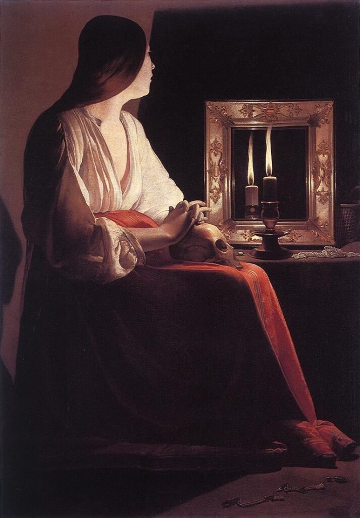 Maria Madalena penitente meditando à luz de uma vela, imagem do arrependimento