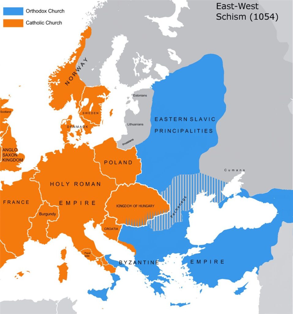 Mapa da divisão entre cristãos do Ocidente e do Oriente após o cisma de 1054