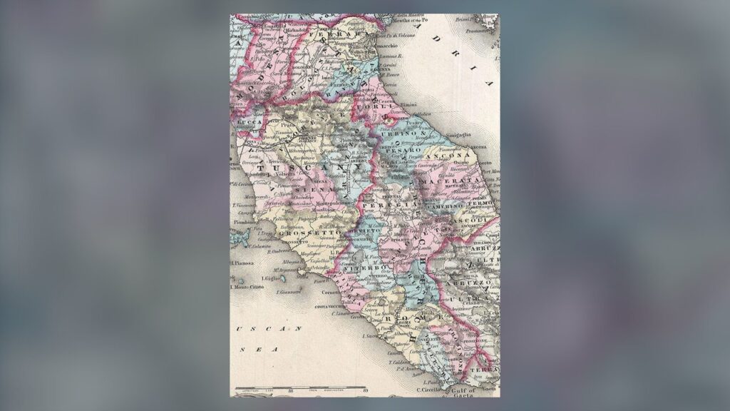 Mapa de 1855 dos Estados Pontifícios no centro da Itália, governados pelos Papas até 1870