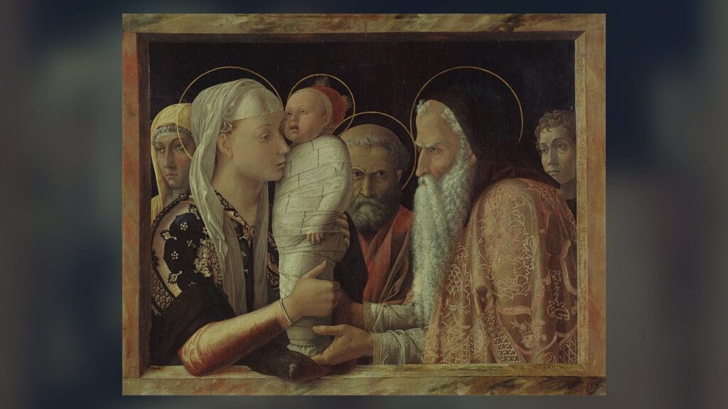 Maria apresenta o Menino Jesus ao sacerdote no Templo, com José ao fundo, na pintura de Mantegna