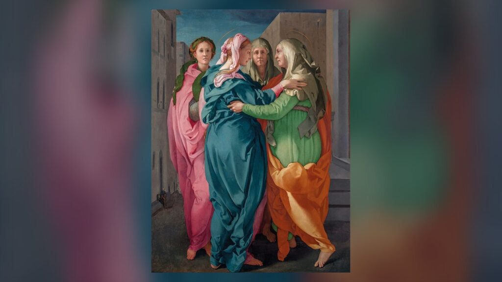 Maria chega à casa de Isabel e as duas se encontram, gesto de caridade e serviço da Visitação
