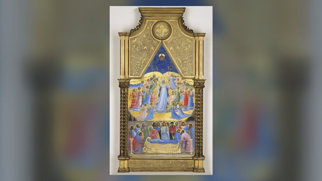 Maria é elevada ao céu entre anjos acima dos Apóstolos: a Assunção, diferente da Ascensão