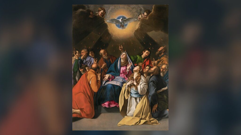 Maria e os apóstolos recebem o Espírito Santo em forma de pomba, como no vexillum