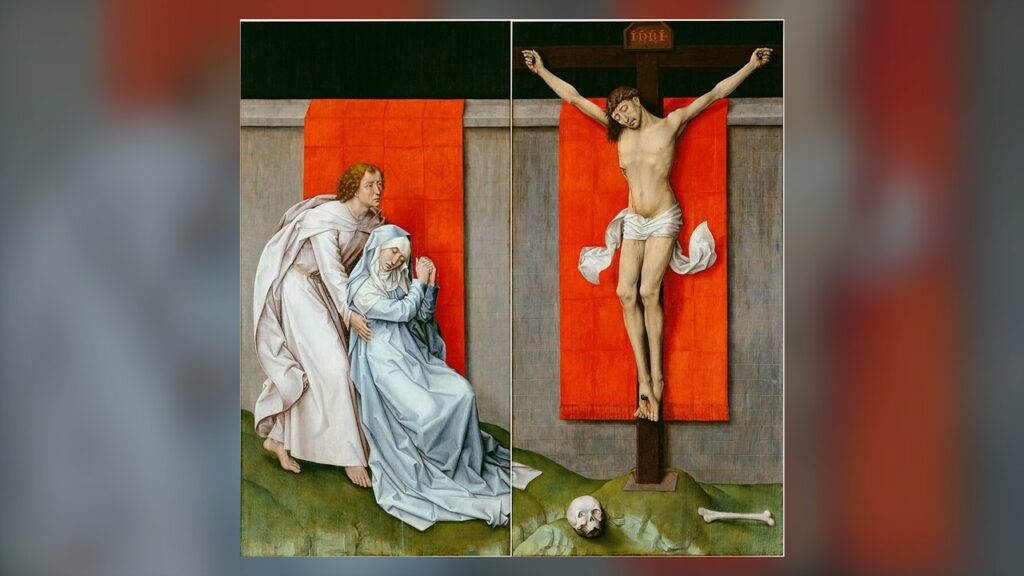 Maria e São João ao pé da cruz, onde Jesus entregou sua Mãe ao discípulo amado (Jo 19,26-27)