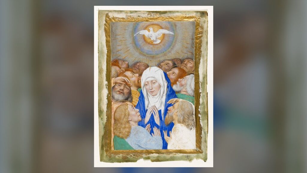 Maria em oração entre os apóstolos sob a pomba do Espírito Santo, modelo da primeira novena