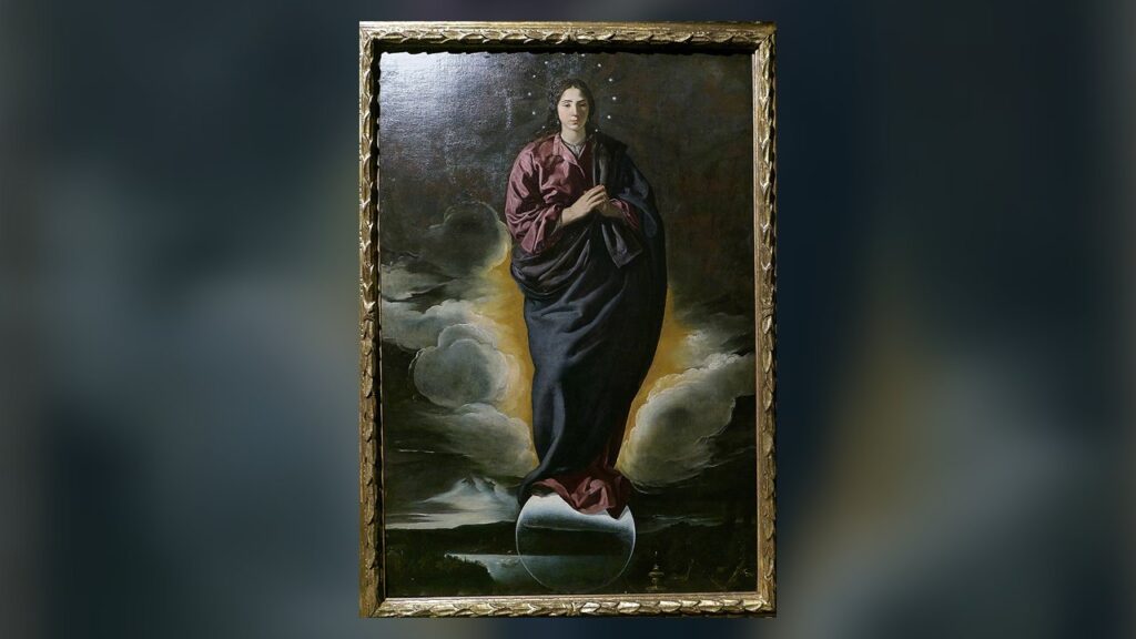 Maria Imaculada de pé sobre a lua e coroada de estrelas, o mesmo modelo usado no quadro de Augsburgo