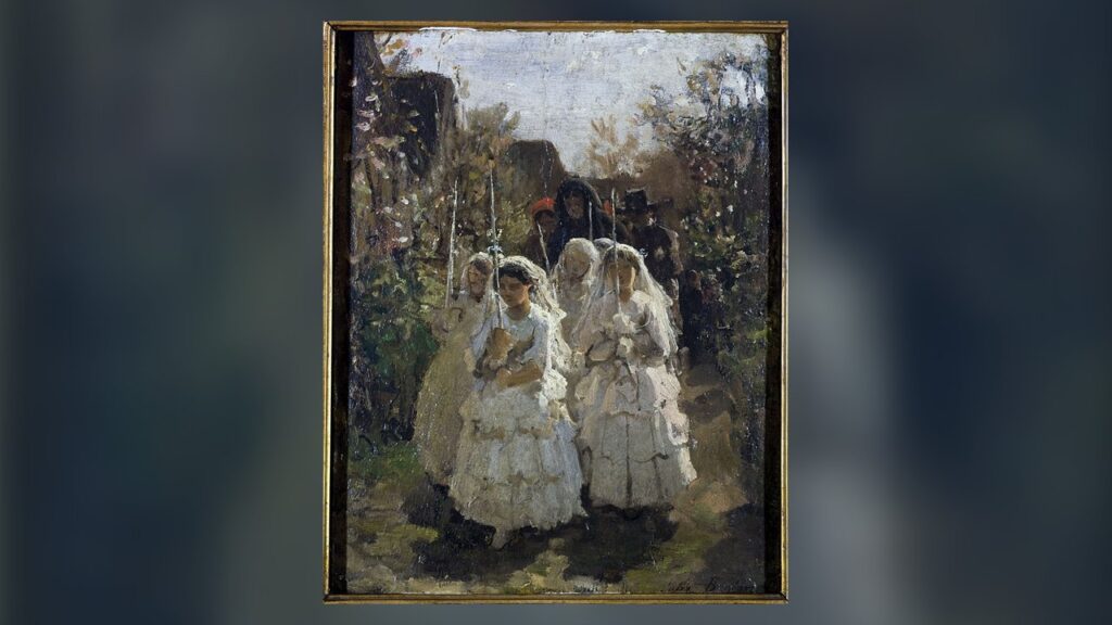 Meninas vestidas de branco seguem em procissão para a Primeira Comunhão