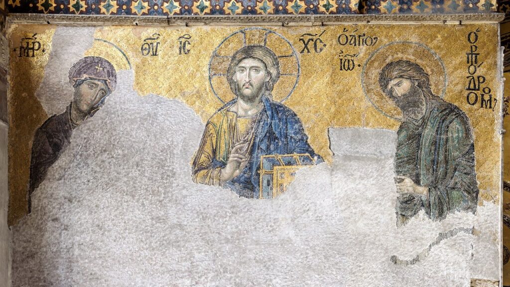Mosaico da Déesis: Maria e João Batista intercedem diante de Cristo