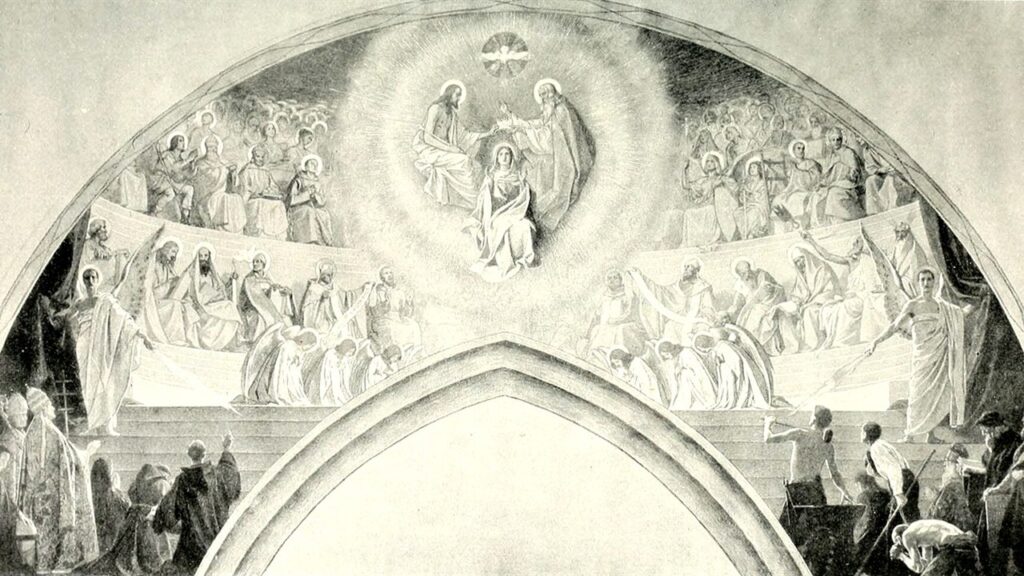 Mural do Te Deum: a Trindade no alto e anjos, santos e fiéis em louvor, como canta o hino