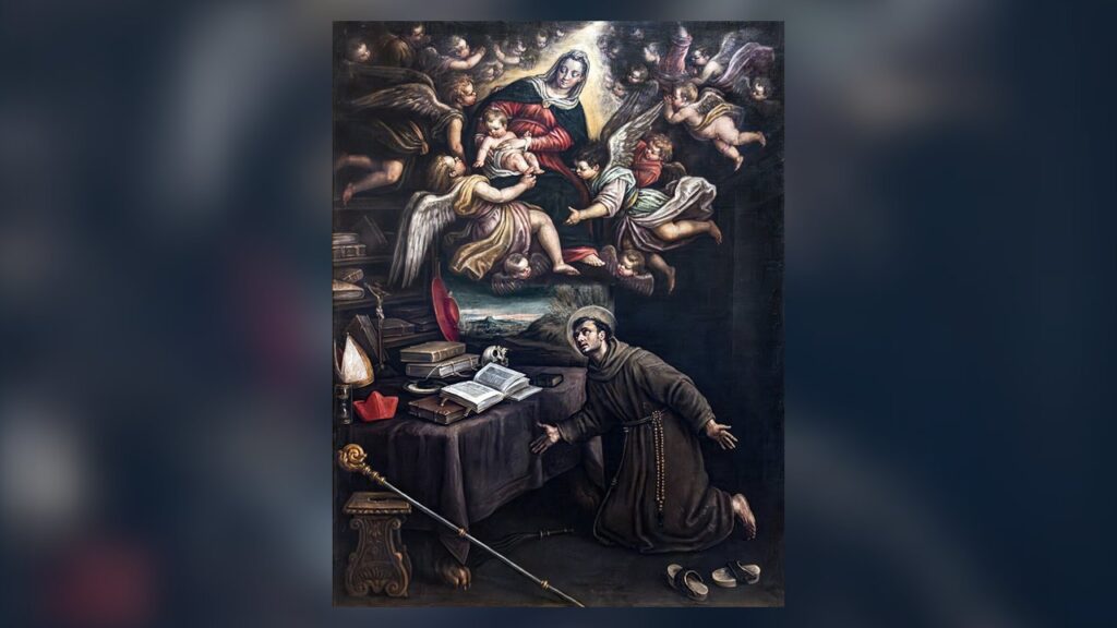 Nossa Senhora aparece a São Boaventura ajoelhado, o franciscano ligado à origem do toque do ângelus