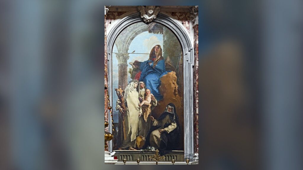 Nossa Senhora aparece a três santas da família dominicana: Catarina de Sena, Rosa de Lima e a monja Inês de Montepulciano