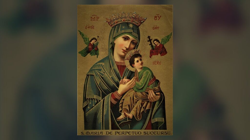 Nossa Senhora do Perpétuo Socorro com o Menino, os arcanjos e as letras gregas do ícone