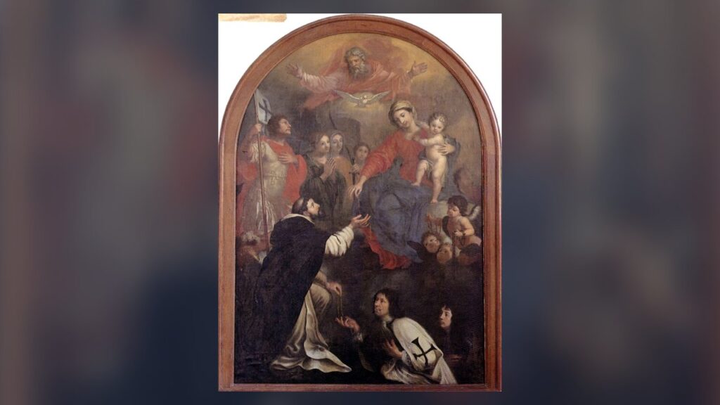 Nossa Senhora entrega o rosário a São Domingos, cena da tradição piedosa sobre a origem do rosário