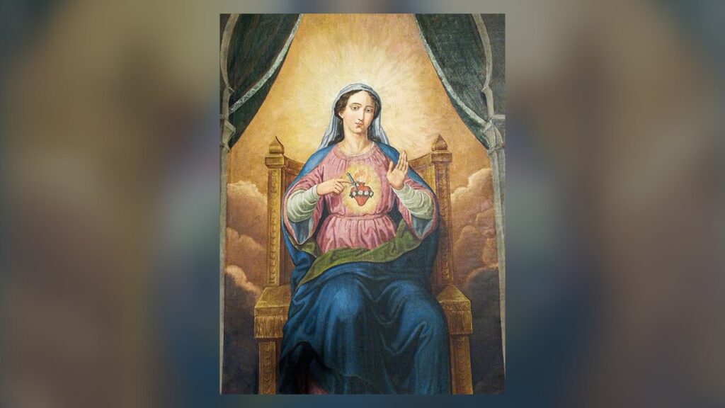 Nossa Senhora entronizada mostra o Imaculado Coração, centro da consagração a Maria