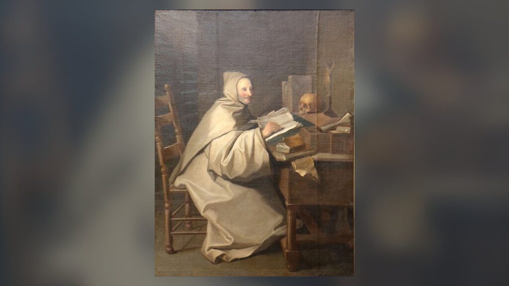 O abade de Rancé, de hábito branco, reformador de La Trappe e pai dos trapistas