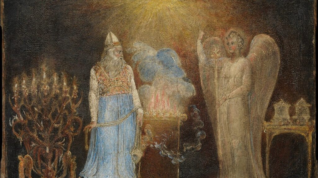 O anjo anuncia a Zacarias, casado com Isabel estéril, o nascimento de João Batista