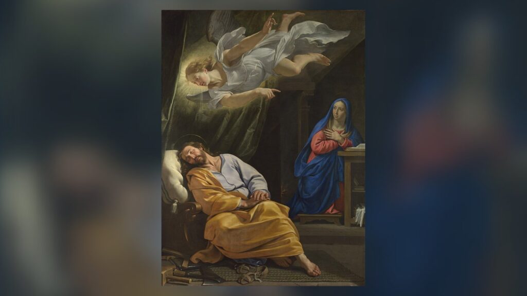 O anjo aparece em sonho a São José e lhe revela que o filho de Maria vem do Espírito Santo