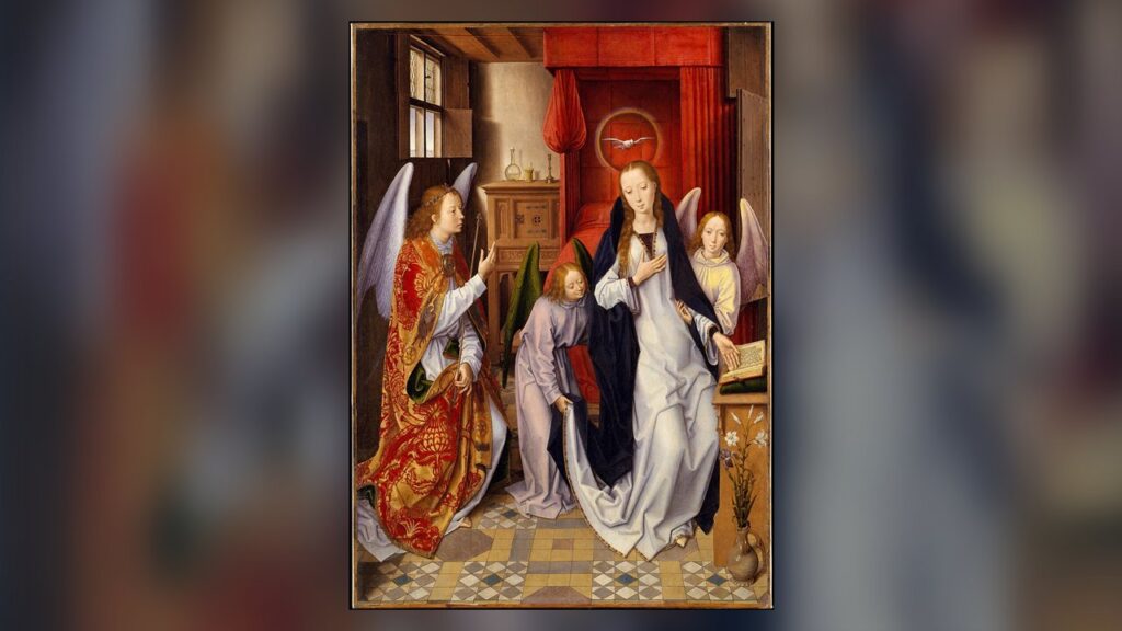 O anjo Gabriel saúda Maria, que responde: Eis aqui a serva do Senhor, modelo de toda consagração