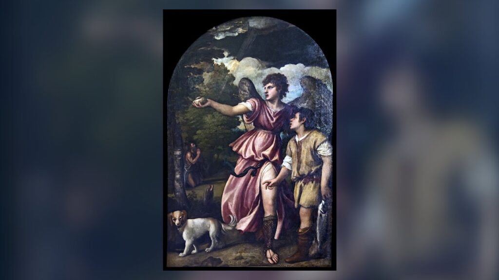 O arcanjo Rafael conduz o jovem Tobias, que leva o peixe, na viagem narrada no livro de Tobias
