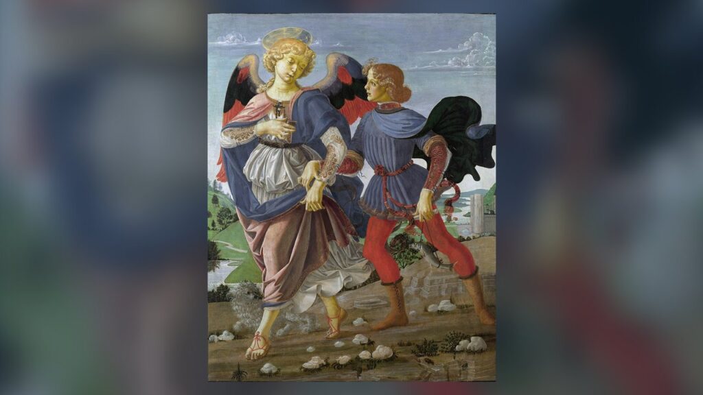 O arcanjo Rafael guia o jovem Tobias, cena que aparece na parte de baixo do quadro da Desatadora