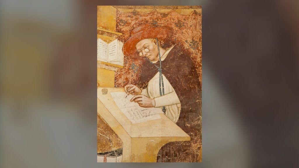 O cardeal dominicano Hugo de Saint-Cher escrevendo de óculos, retrato do estudo no coração da ordem