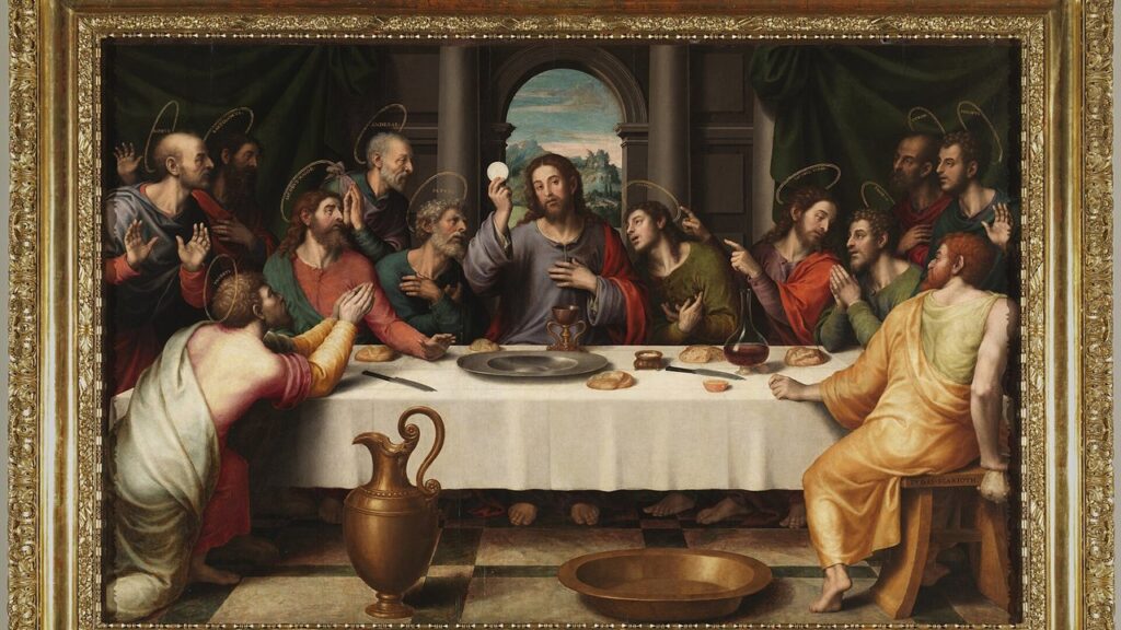 A Última Ceia, pintura de Juan de Juanes: Cristo ergue a Hóstia na instituição da Eucaristia