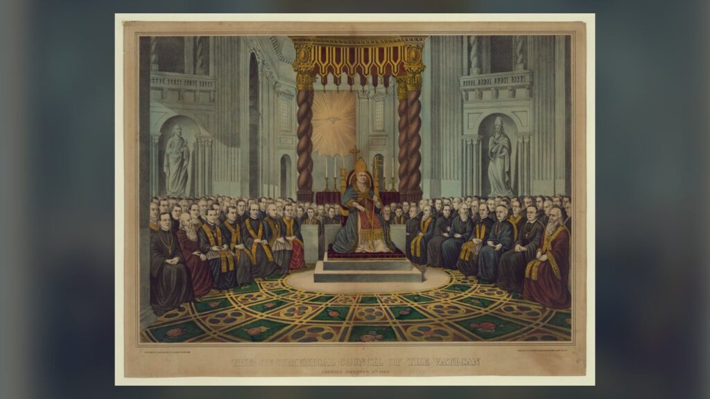 Concílio Vaticano I reunido em 1869, litografia colorida à mão