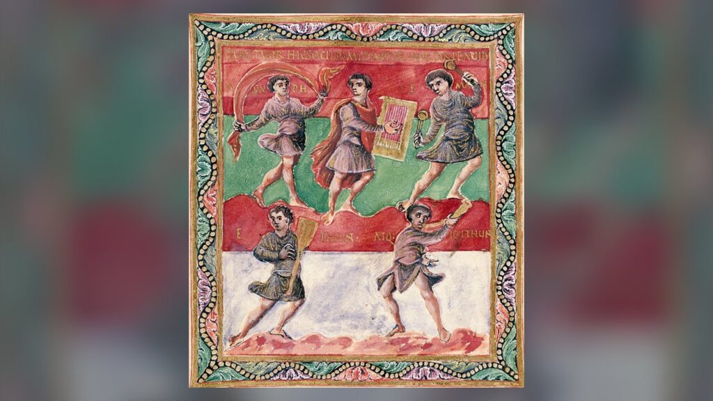 O rei Davi com sua lira e os cantores do templo, autores dos salmos que formam o centro do Ofício