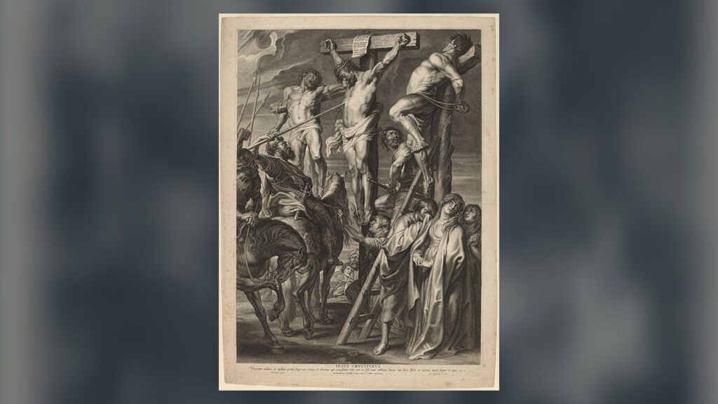 O soldado abre com a lança o lado de Cristo na cruz, de onde saem sangue e água (Jo 19,34)