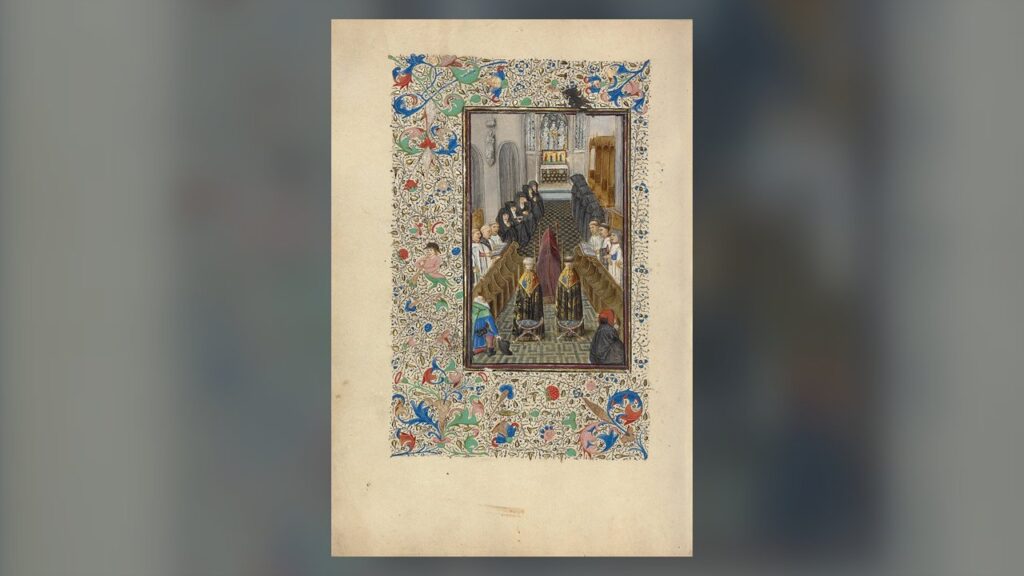 Ofício dos defuntos numa igreja medieval: monges e família rezam diante do caixão