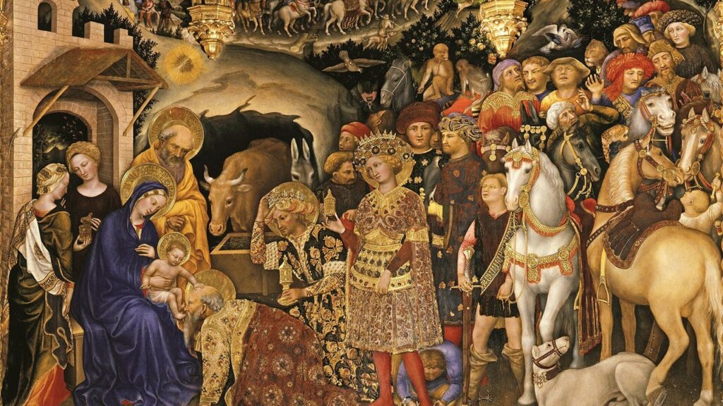 Os magos adoram o Menino Jesus, cena da Epifania celebrada no Oriente em 6 de janeiro