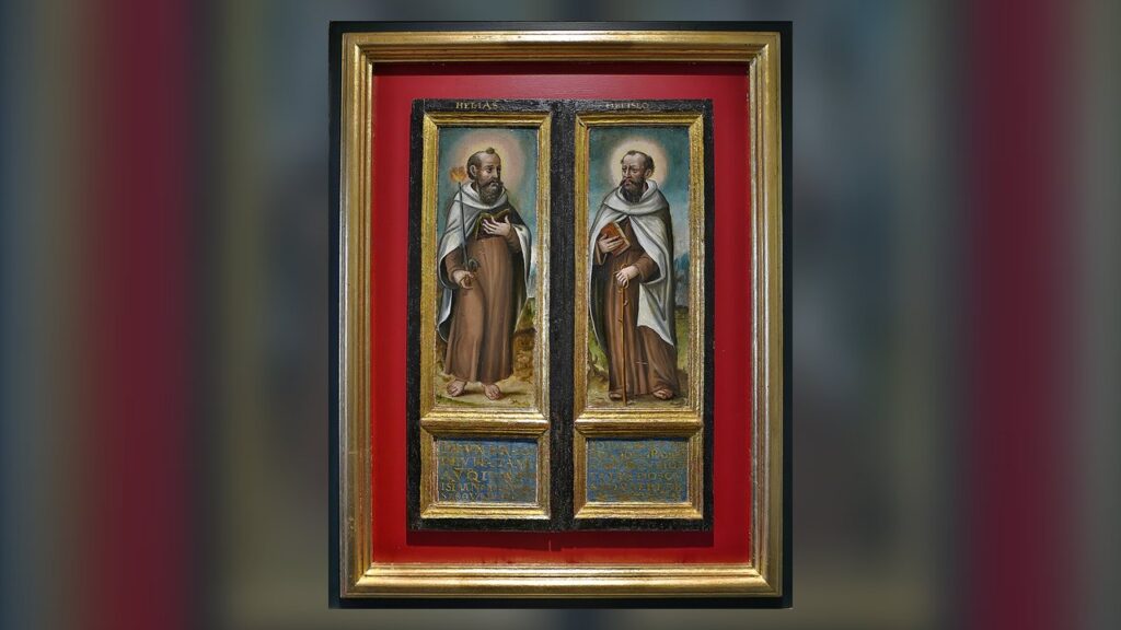 Os profetas Elias e Eliseu pintados com o hábito carmelita, modelos da vida no Monte Carmelo
