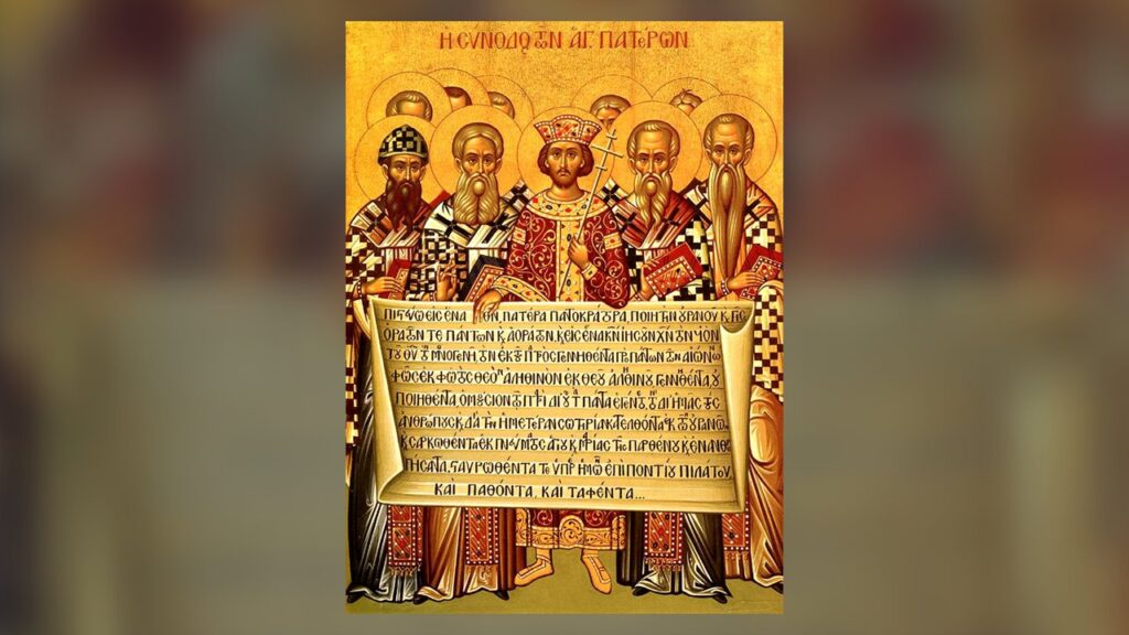 Ícone do Primeiro Concílio de Niceia com o texto do Símbolo Niceno-Constantinopolitano