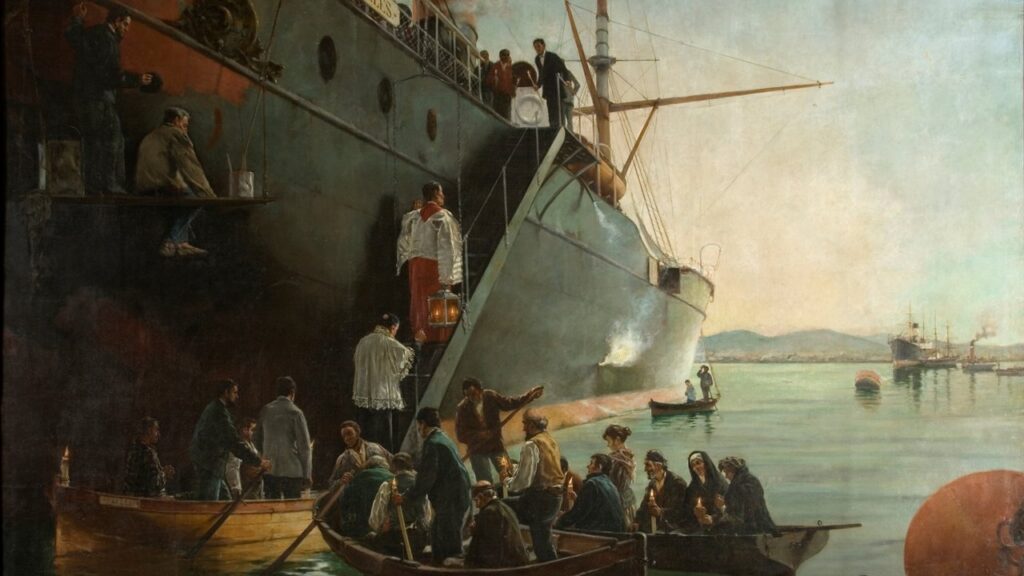 Padre leva o Viático de barco até um navio: a distância é um dos casos de necessidade previstos