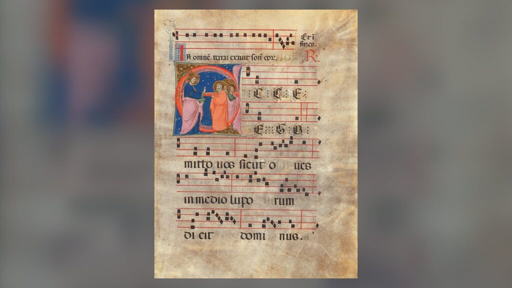 Página de antifonário com notas gregorianas em pauta vermelha de quatro linhas e Cristo enviando os apóstolos