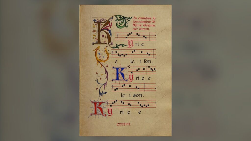 Página iluminada de livro coral com o Kyrie eleison em canto gregoriano, dos ritos iniciais