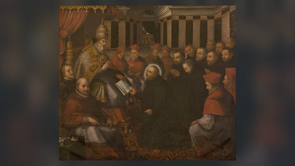 Papa Paulo III entrega a Santo Inácio a aprovação da Companhia de Jesus, cercado de cardeais e jesuítas