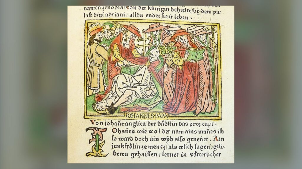 Papisa Joana, xilogravura colorida à mão de incunábulo alemão do século XV