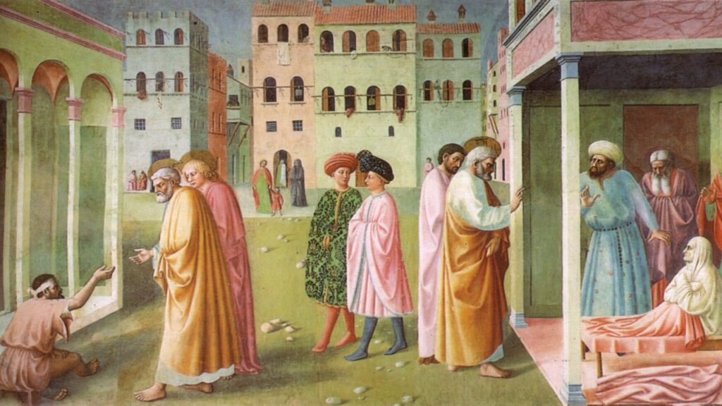 Pedro e João curam o coxo na porta do Templo, exemplo do carisma de cura de 1Cor 12