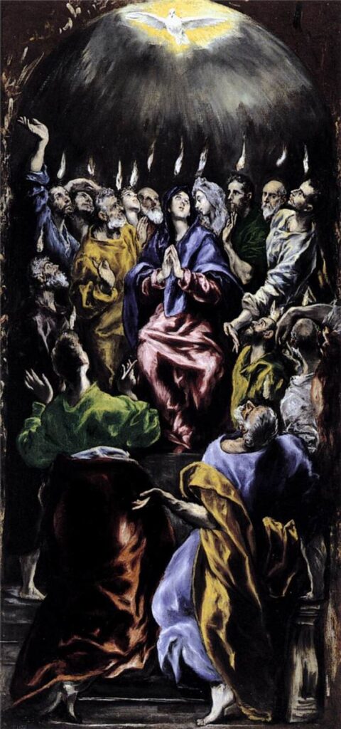 Pentecostes de El Greco, com as línguas de fogo que explicam o vermelho litúrgico