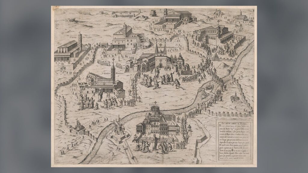 Peregrinos percorrem as sete igrejas de Roma, entre elas as basílicas papais, no Ano Santo de 1575