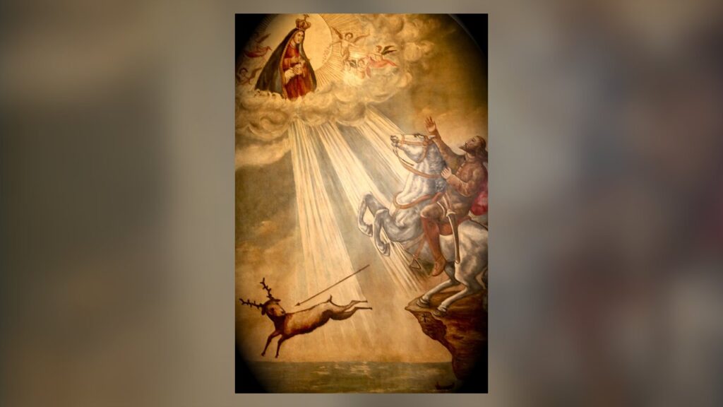 Pintura da lenda de Dom Fuas Roupinho salvo do abismo por Nossa Senhora de Nazaré, origem do título