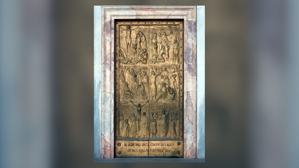 Porta Santa de bronze da Basílica de São Paulo fora dos Muros, uma das quatro abertas no jubileu