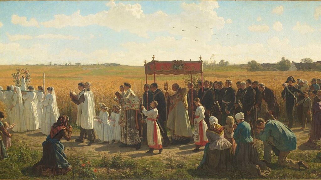 Procissão com o sacerdote abençoando os campos de trigo, a bênção como primeiro dos sacramentais