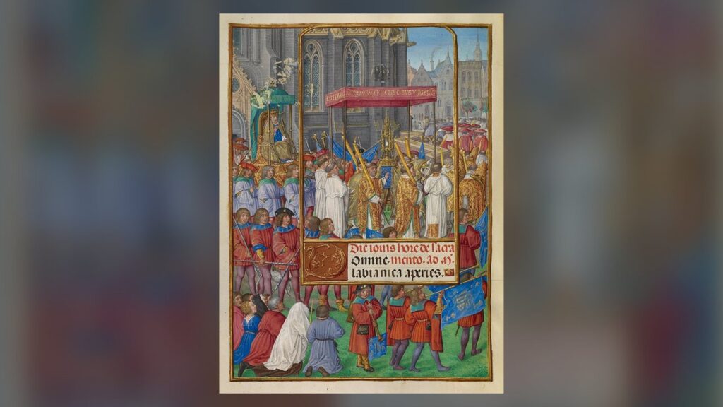 Procissão de Corpus Christi com o ostensório levado sob o pálio, iluminura flamenga do Livro de Horas Spinola