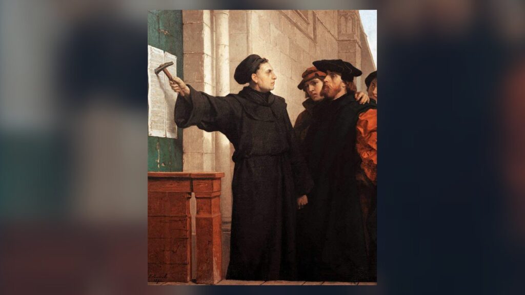 Lutero afixa as 95 teses em Wittenberg, pintura de Ferdinand Pauwels