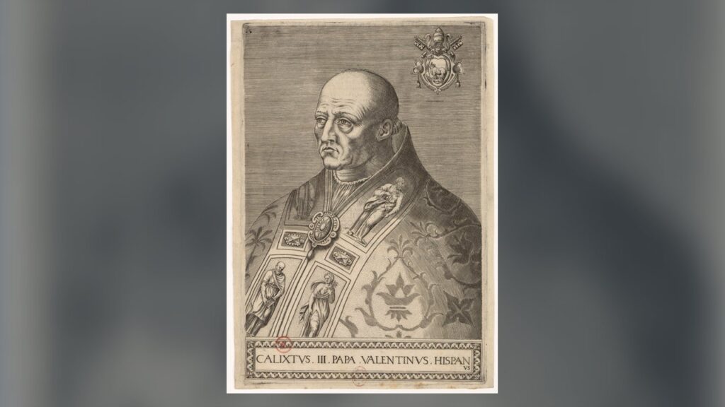 Retrato gravado do Papa Calisto III, que em 1456 pediu o toque do sino e a oração ao meio-dia
