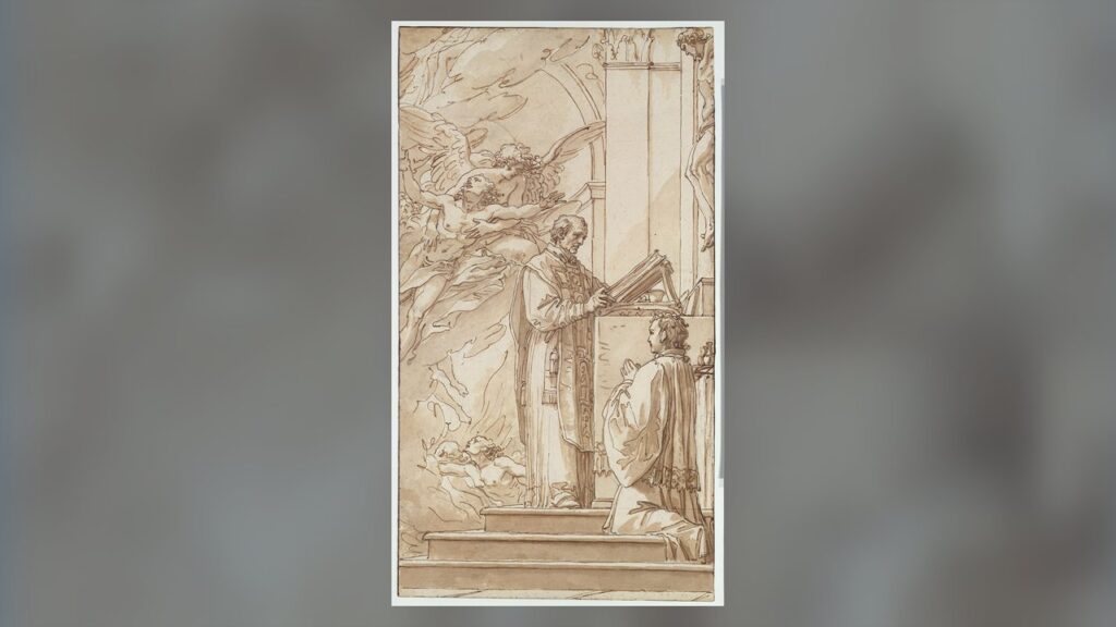 Sacerdote celebra a Missa enquanto um anjo liberta uma alma do purgatório, fruto do sufrágio